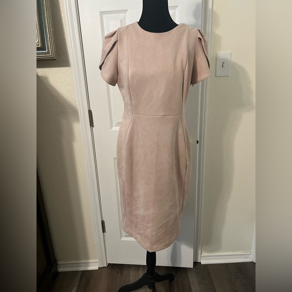 Calvin Klein Pink Sheath Midi Dress with Flutter Sleeves
